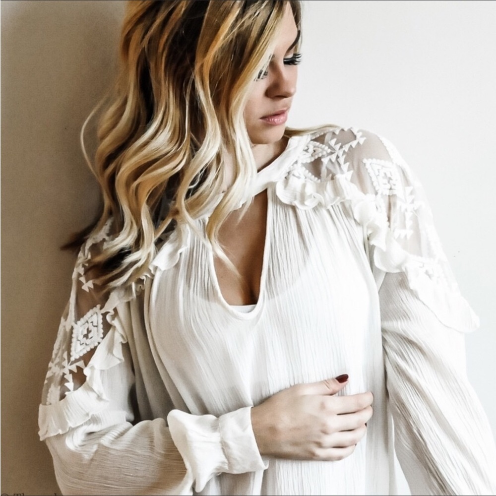 SOLID OFF WHITE RUFFLE LACE SHOULDER LONG SLEEVES TOP BLOUSE - Picture 5 of 8